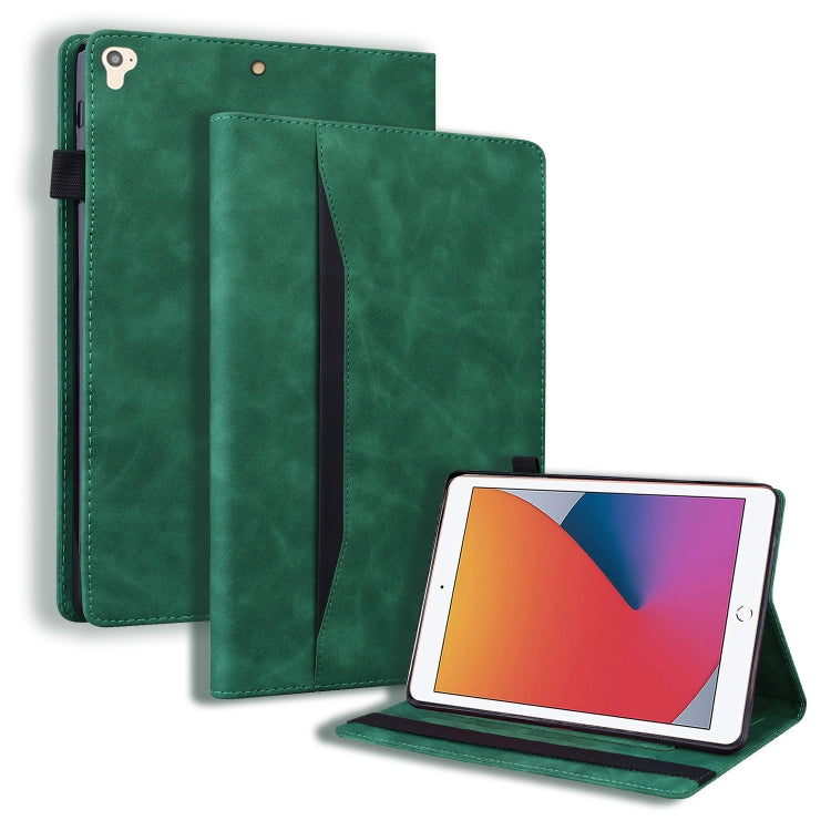 Green leather tablet case with flip cover, card slots, and viewing stand
