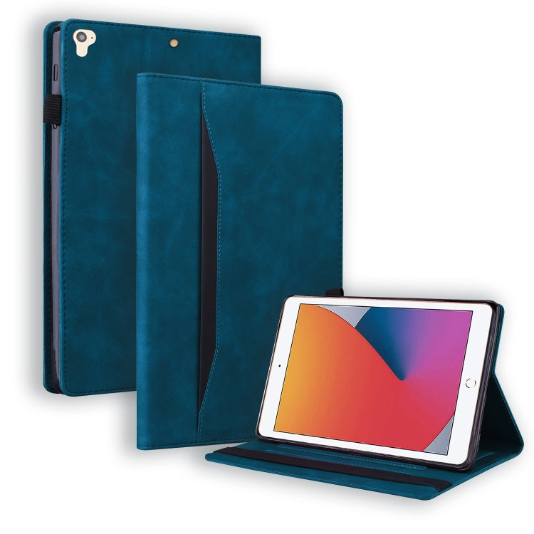 Blue shockproof leather flip iPad case with interior card slots and viewing stand