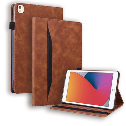 Brown shockproof leather flip iPad case with interior card slots and viewing stand
