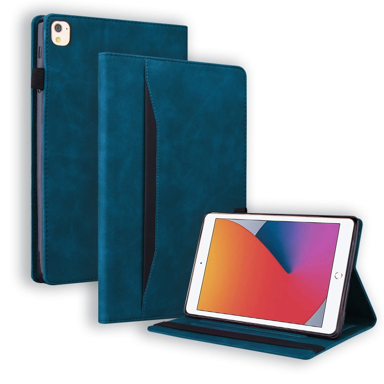 Blue shockproof leather flip iPad case with interior card slots and viewing stand
