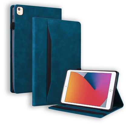 Blue shockproof leather flip iPad case with interior card slots and viewing stand