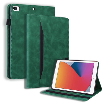 Green shockproof leather flip iPad case with interior card slots and viewing stand