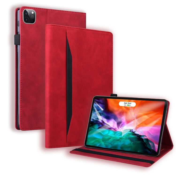 Red shockproof leather tablet case with front cover folded and kickstand.