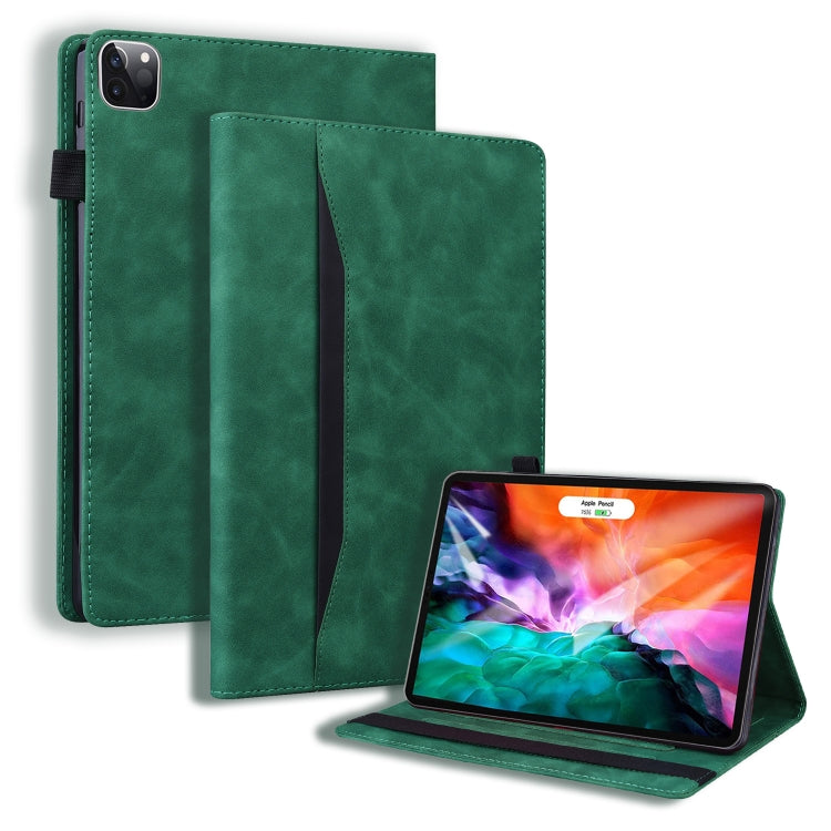 Green shockproof leather tablet case with front cover folded and kickstand.