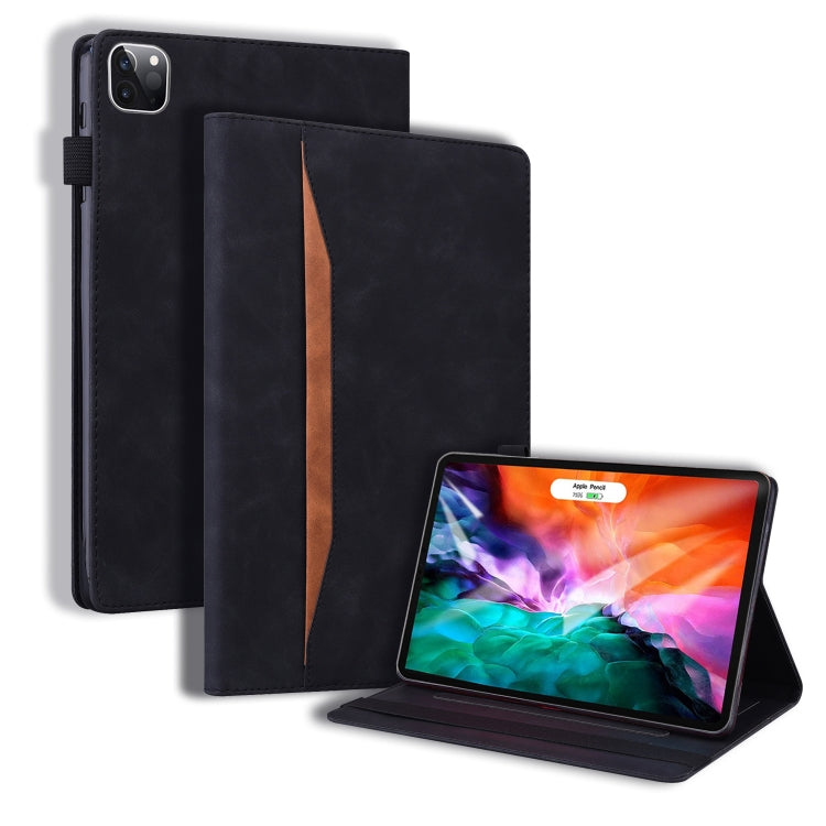 Black shockproof leather tablet case with front cover folded and kickstand.