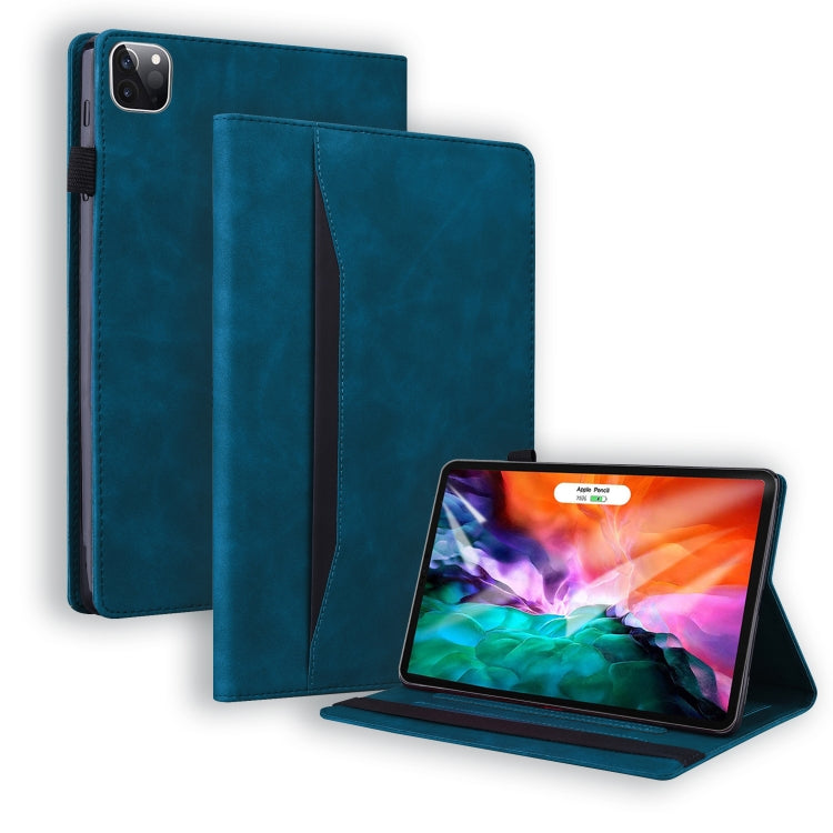 Blue leather tablet case with horizontal flip stand, card slots, and front cover