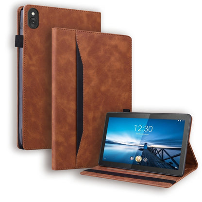 Brown leather folio tablet case with flip cover and built-in stand, card slots
