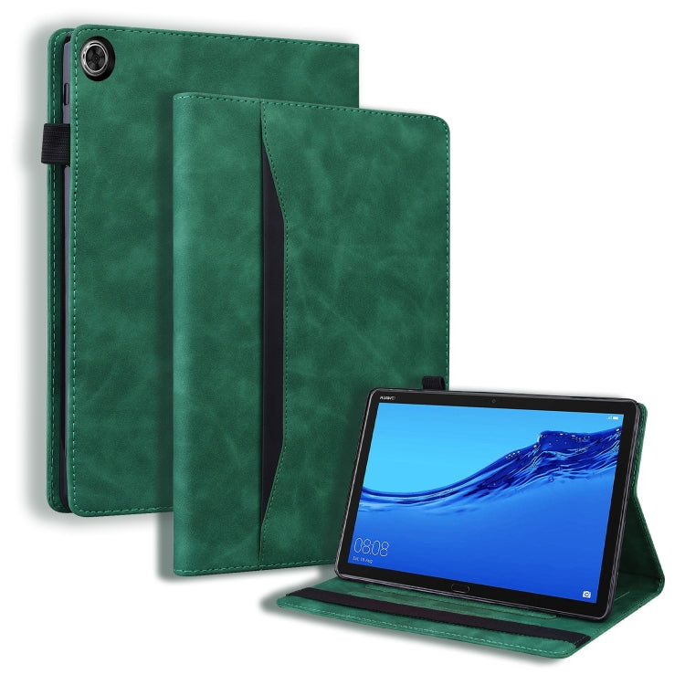Green leather tablet folio case with stand in landscape view