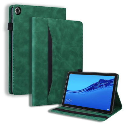 Green leather tablet folio case with stand in landscape view