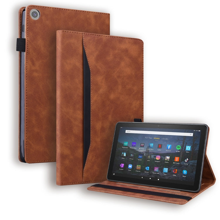 Brown leather tablet case with flip cover and stand, tablet propped for use