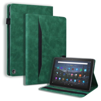 Green leather tablet case with flip cover and stand, tablet propped up to view