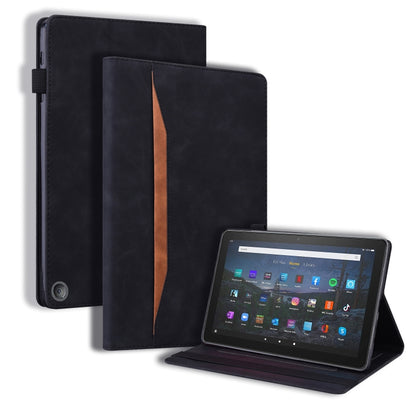Black leather tablet case with flip cover and stand, tablet in portrait viewing
