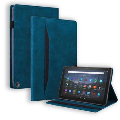Blue leather tablet case with flip cover and stand, tablet displayed on stand
