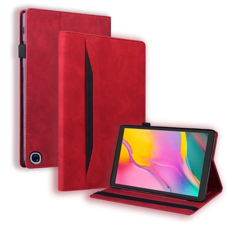 Red leather tablet case with flip cover and stand, tablet showing colorful screen