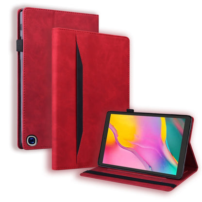 Red leather tablet case with flip cover and stand, tablet showing colorful screen
