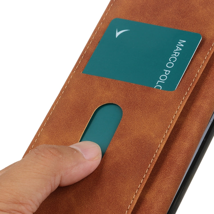 Brown flip phone wallet case with built-in card slot and access opening