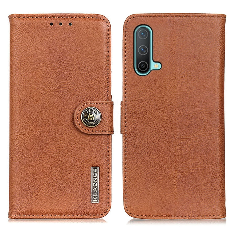 Brown leather flip case with holder tab, rear view, KHAZNEH logo badge.