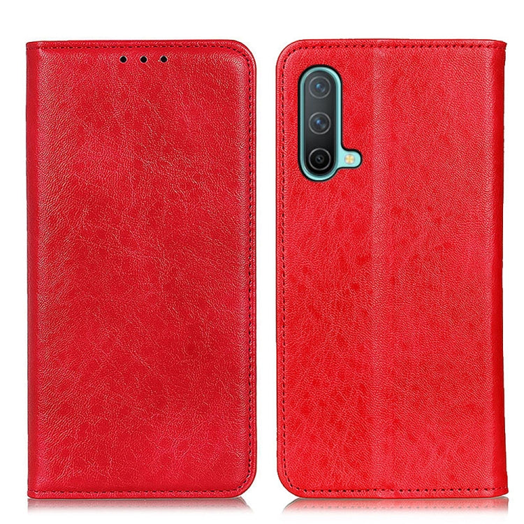 Magnetic red leather flip phone case with cutouts and camera opening