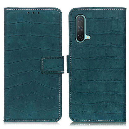 Teal leather flip phone case with crocodile texture, front flap, and side button cutout