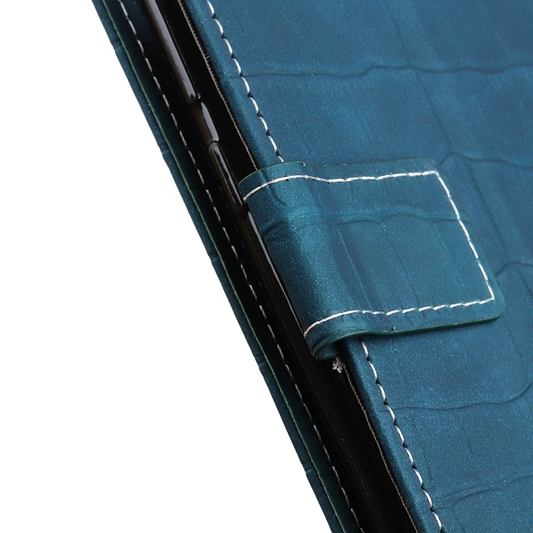Teal crocodile-textured leather wallet phone case corner with stitched card pocket