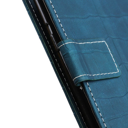 Teal crocodile-textured leather wallet phone case corner with stitched card pocket