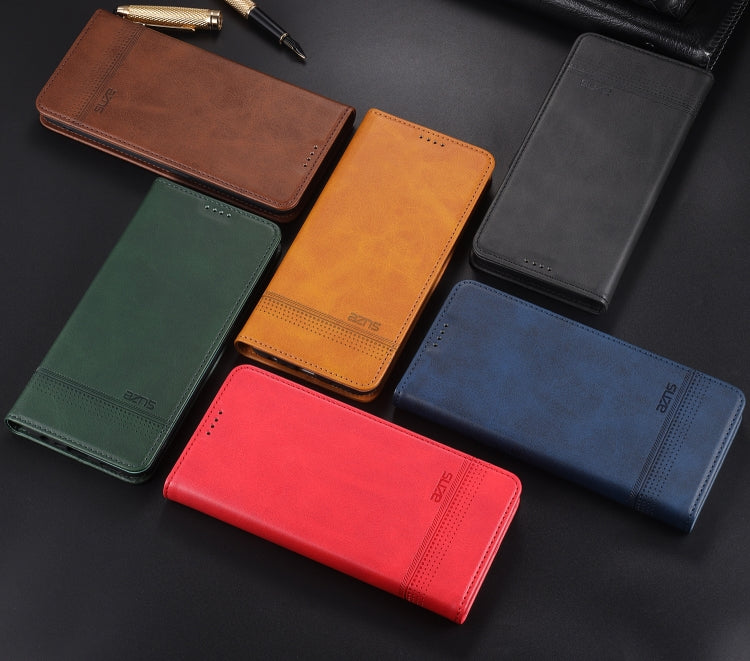 Assorted leather flip phone cases in blue, green, red, tan, and black with card slots