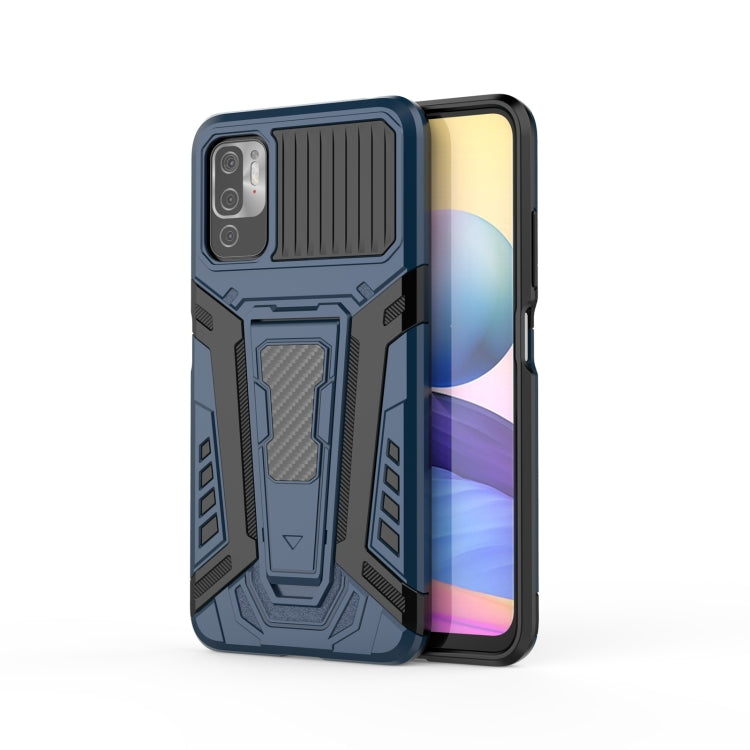 Armored shockproof phone case in blue and black with textured grip, camera cutouts