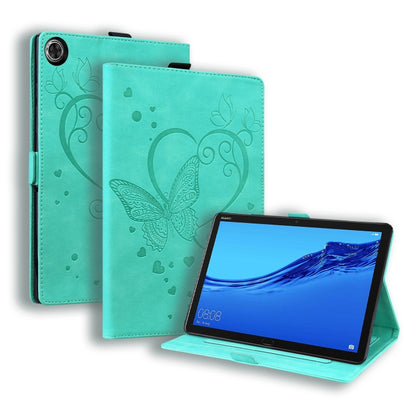 Teal leather flip tablet case with butterfly-heart pattern and built-in stand for viewing