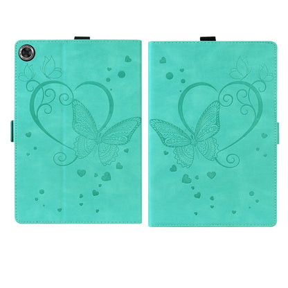 Teal leather folio tablet case with butterfly-heart pattern on both front and back panels