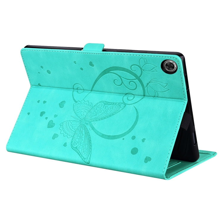 Teal leather tablet case with centered butterfly-heart pattern and round camera cutout