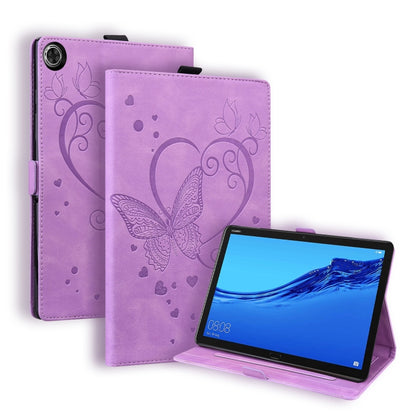Purple leather flip tablet case with butterfly-heart pattern and stand for viewing