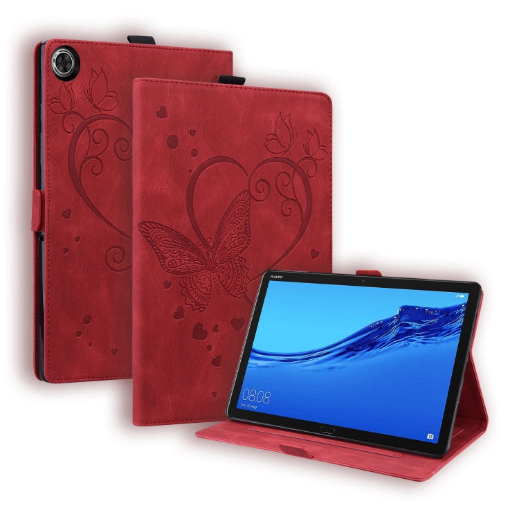 Red leather flip tablet case with butterfly-heart pattern and folding stand