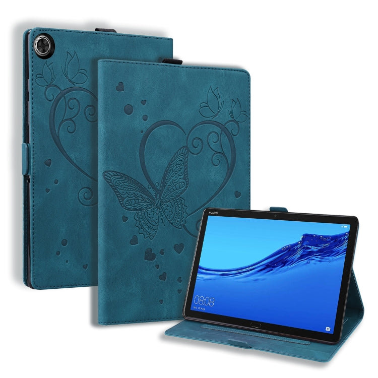 Blue-green leather tablet case with flip cover, butterfly heart pattern and stand
