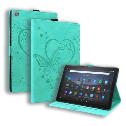 Green leather-look tablet case with butterfly pattern, flip stand and camera cutout