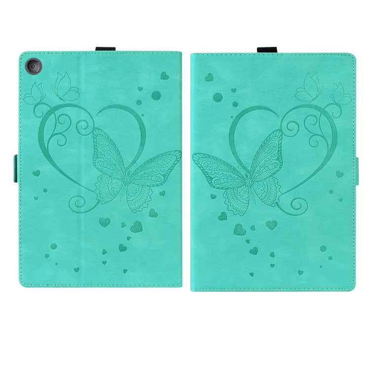 Green flip tablet case with butterfly and heart pattern, two-panel back view