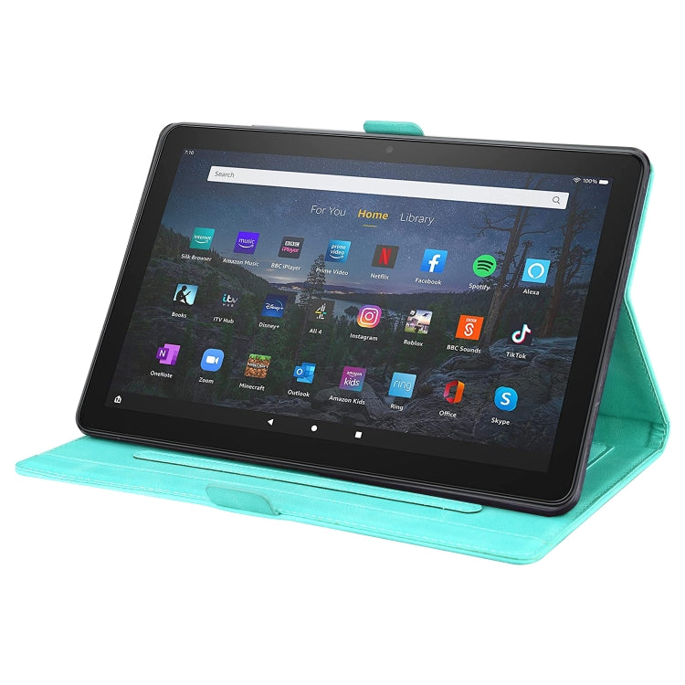 Green flip tablet case with butterfly pattern, viewing stand holding tablet