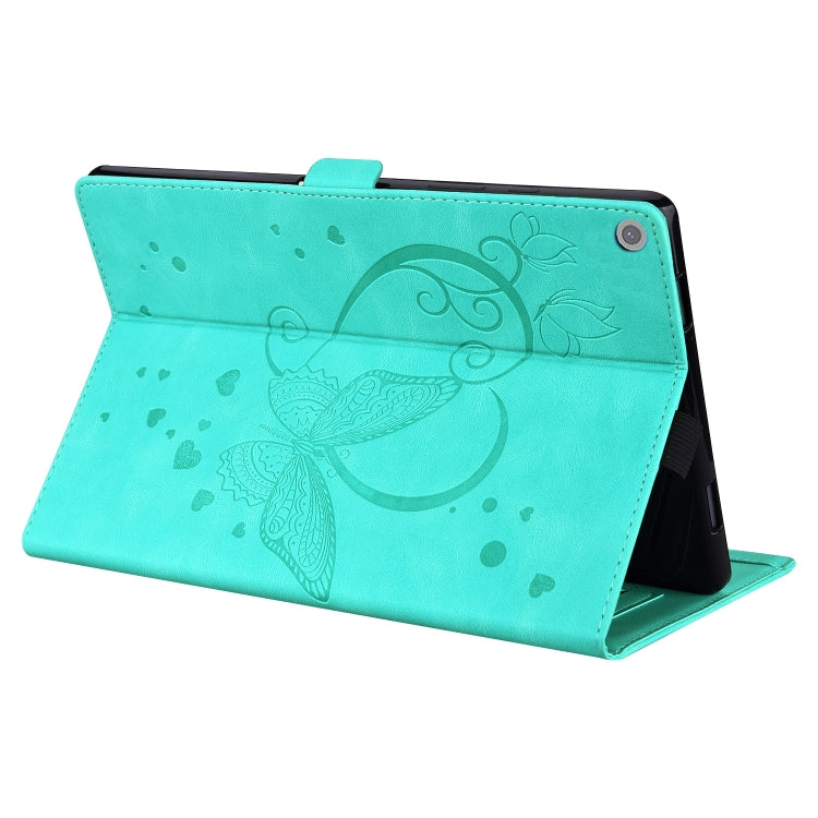 Green folio tablet case with butterfly pattern, front cover flipped into stand position