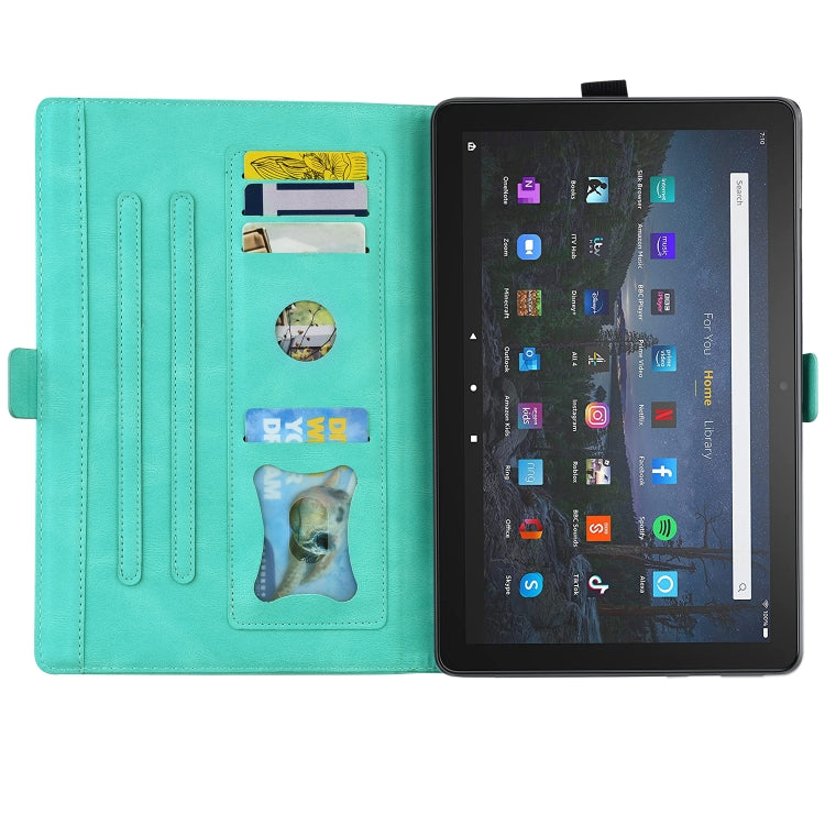 Green folio tablet case with butterfly pattern, interior card slots visible