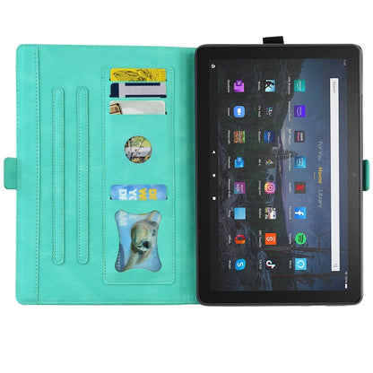 Green folio tablet case with butterfly pattern, interior card slots visible