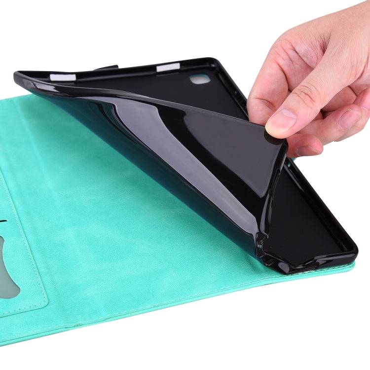 Green tablet case with flip cover, hand lifting cover to open