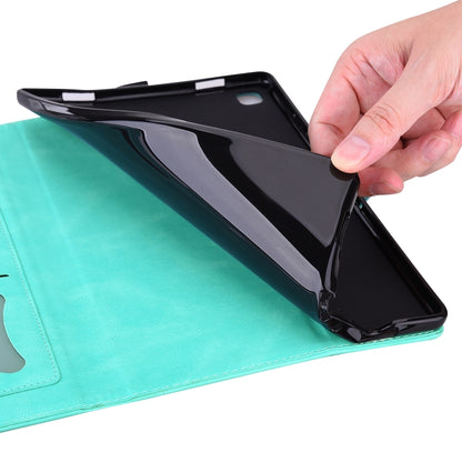Green tablet case with flip cover, hand lifting cover to open