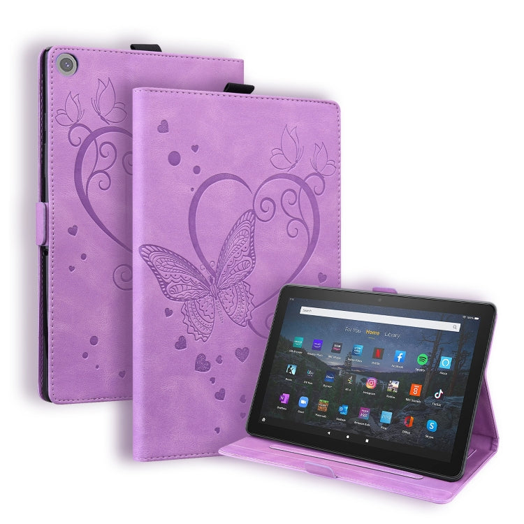 Purple leather-look tablet case with butterfly pattern, flip cover and viewing stand