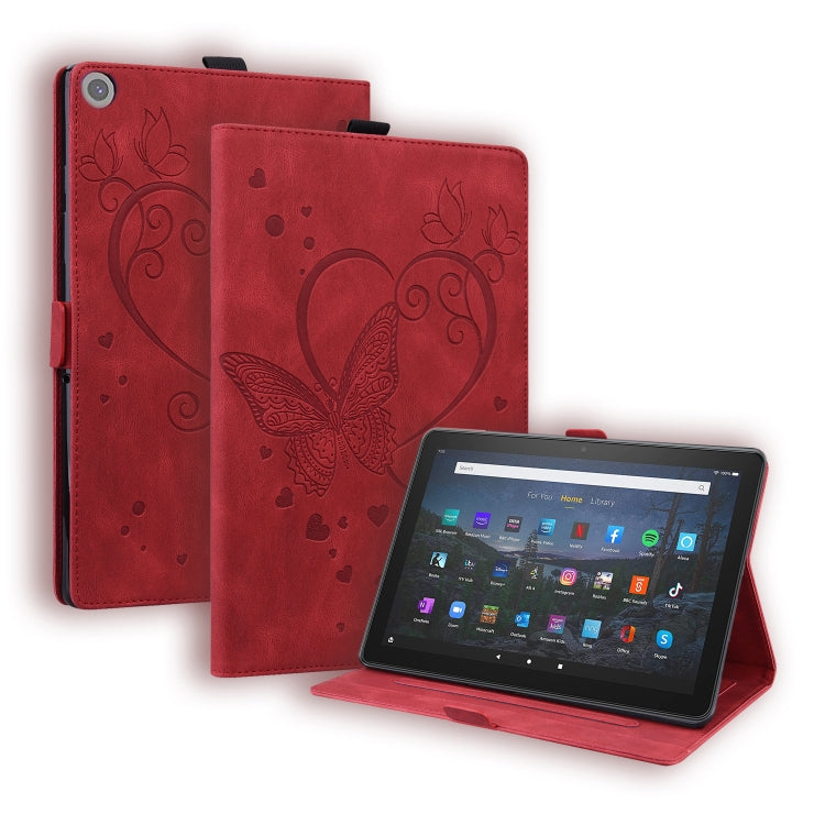 Red leather-look tablet case with butterfly pattern, flip cover and viewing stand