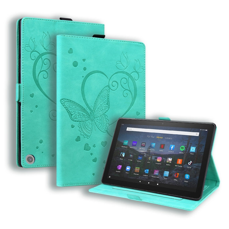 Butterfly-pattern leather tablet case in teal with stand and viewing support