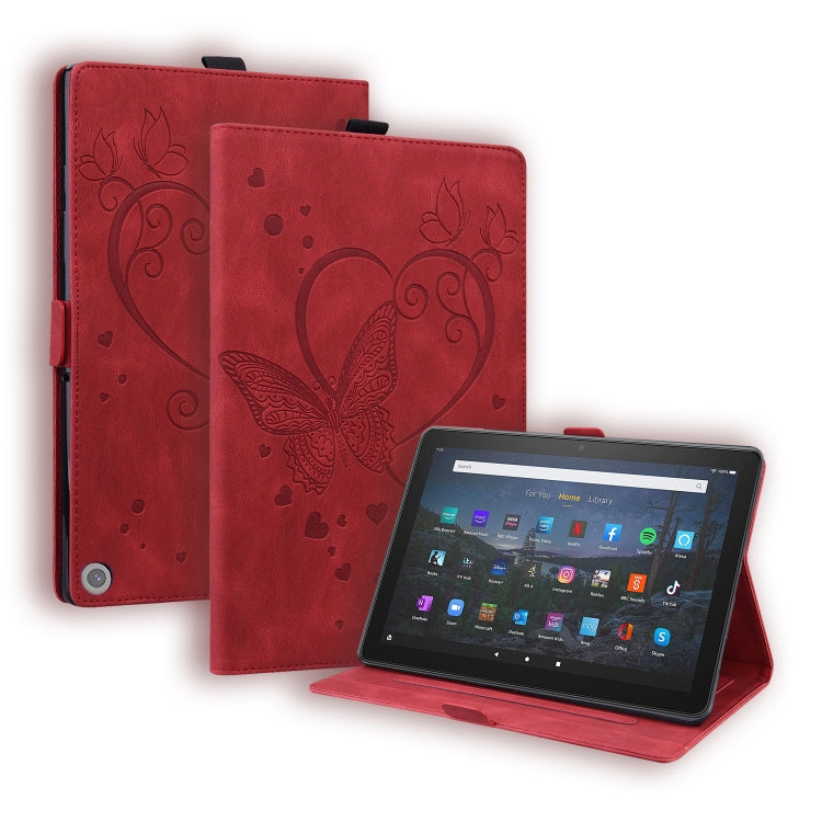 Butterfly-pattern leather tablet case in red with stand and viewing support