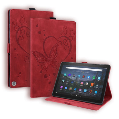 Butterfly-pattern leather tablet case in red with stand and viewing support