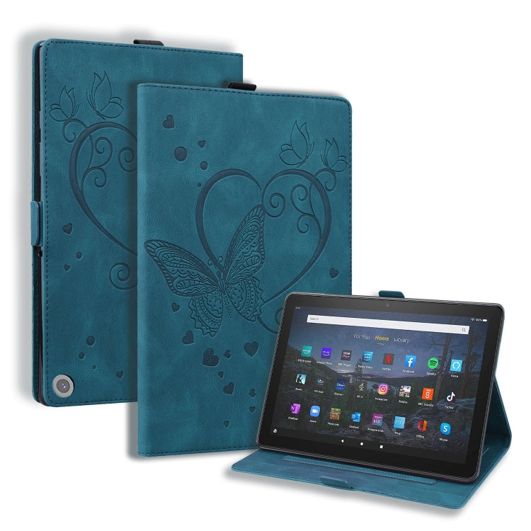 Butterfly-pattern leather tablet case in blue with stand and viewing support