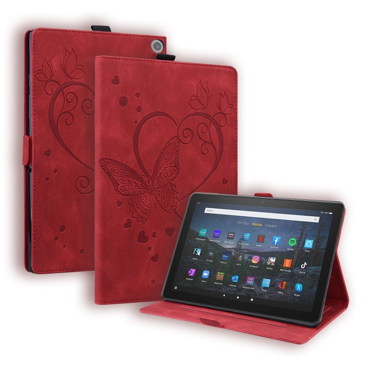 Butterfly-pattern leather tablet case in red with flip cover and device stand