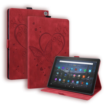 Butterfly-pattern leather tablet case in red with flip cover and device stand