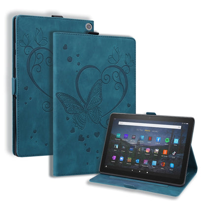 Butterfly-pattern leather tablet case in blue with flip cover and device stand